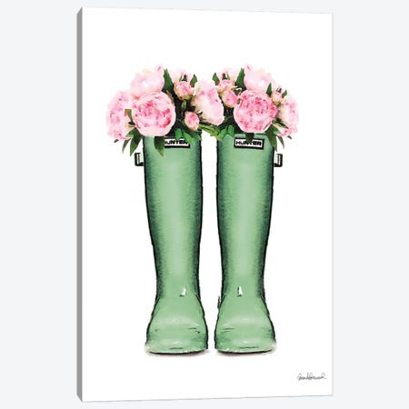 Hunter Boots In Green & Pink Peonies Canvas Print #GRE206} by Amanda Greenwood Canvas Artwork