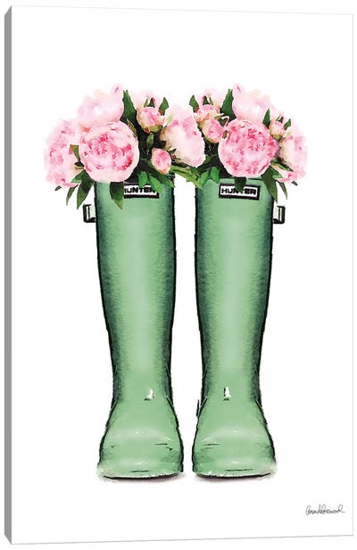 Hunter Boots In Green & Pink Peonies Canvas Art Print - Laundry Room Art