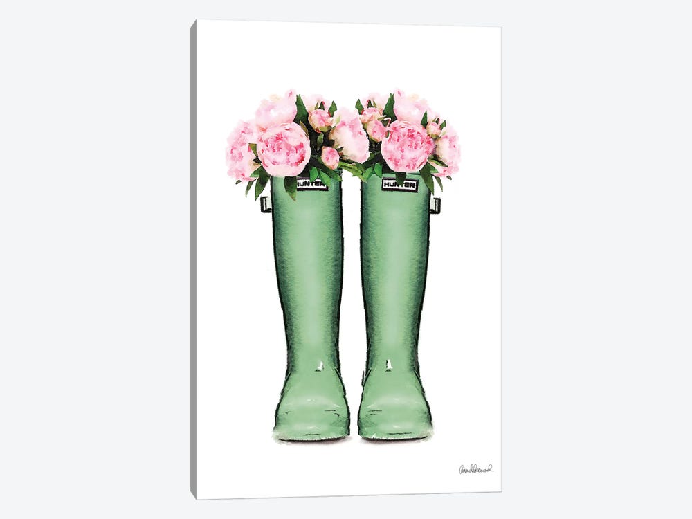 Hunter Boots In Green & Pink Peonies by Amanda Greenwood 1-piece Canvas Artwork