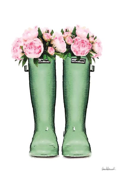 Boots: Hunter Boots In Green & Pink Peonies by Amanda Greenwood