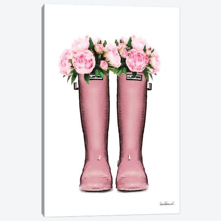 Hunter Boots In Pink & Pink Peonies Canvas Print #GRE207} by Amanda Greenwood Canvas Wall Art