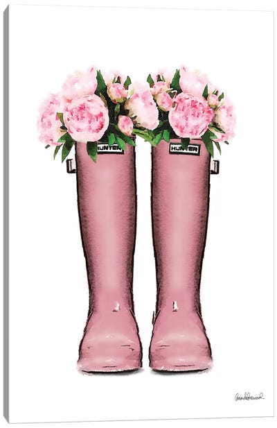 Hunter Boots In Pink & Pink Peonies Canvas Art Print - Amanda Greenwood