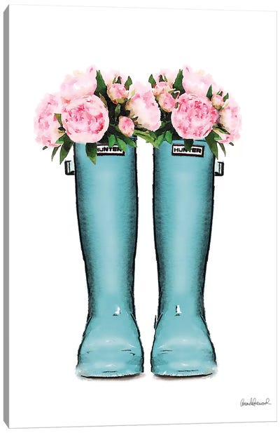 Hunter Boots Muted In Blue & Pink Peonies Canvas Art Print - Fashion Lover