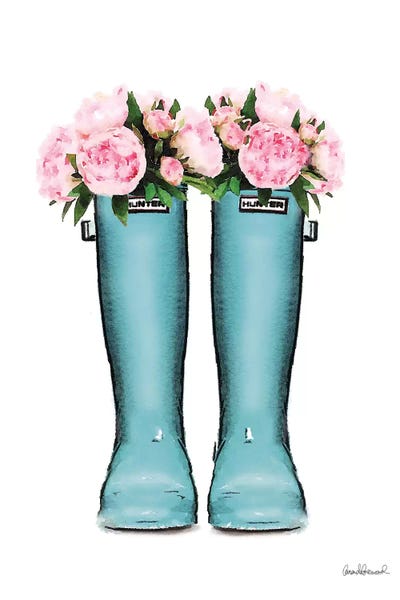 Fashion Illustrations: Hunter Boots Muted In Blue & Pink Peonies by Amanda Greenwood