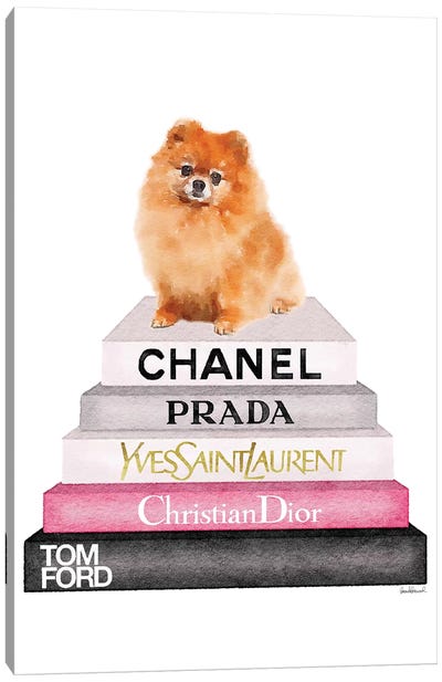 New Book Stack & Pom Dog Canvas Art Print - Pomeranian Art