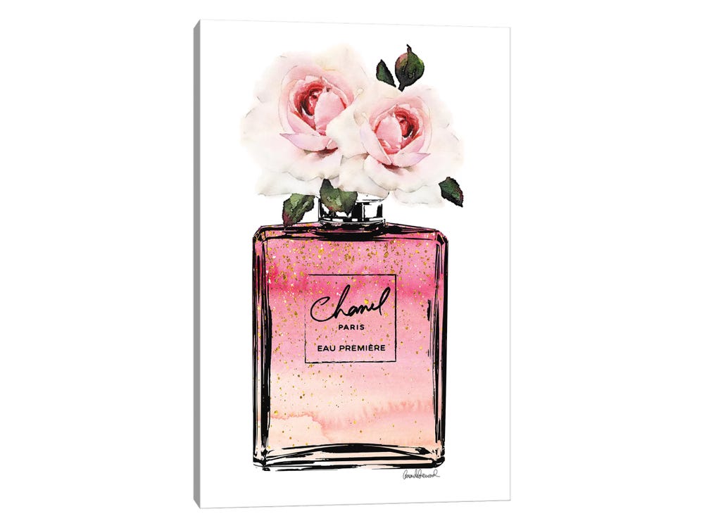 Framed Canvas Art (White Floating Frame) - Classic Perfume with Bow and Ink Drips by Amanda Greenwood ( Fashion > Hair & Beauty > Perfume Bottles art)