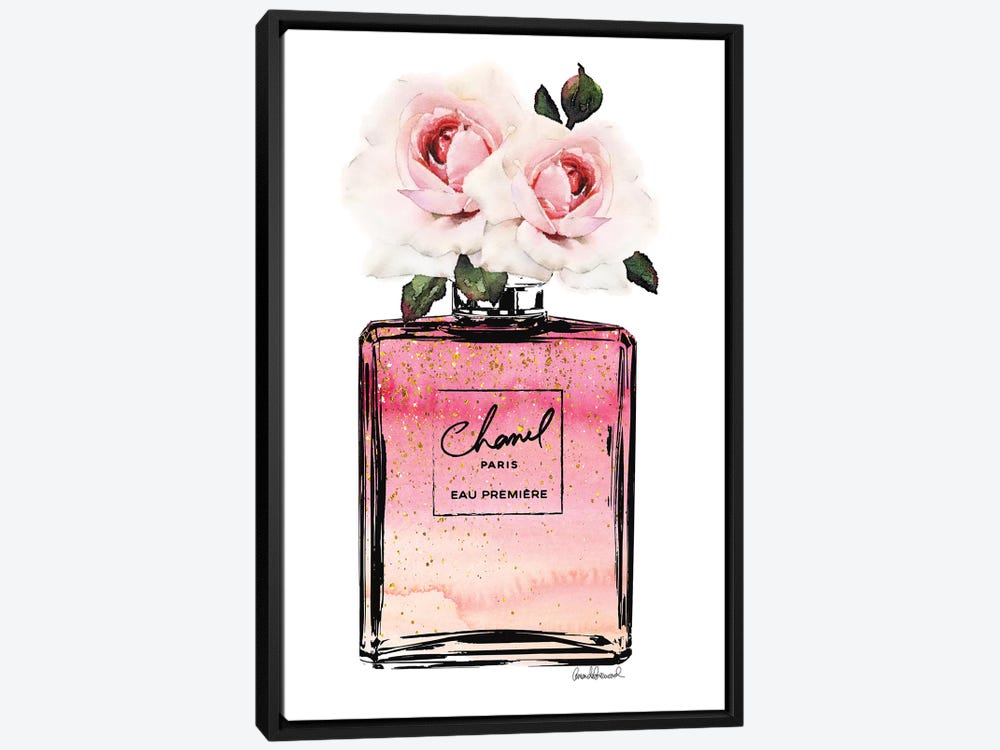 Framed Canvas Art - Perfume Bottle in Black, Pink, Ombre, Glitter, & Pink Rose by Amanda Greenwood ( Fashion > Hair & Beauty > Perfume Bottles art) 