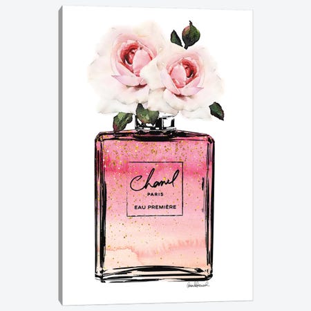 Perfume Bottle In Black, Pink, Ombre, Glitter, & Pink Rose Canvas Print #GRE217} by Amanda Greenwood Art Print