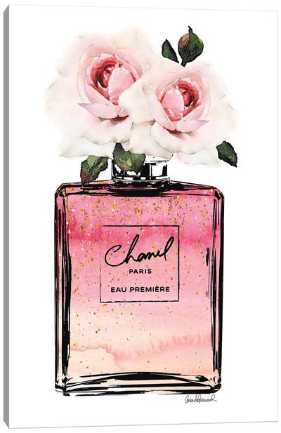 Perfume Bottle In Black, Pink, Ombre, Glitter, & Pink Rose Canvas Art Print - Glam Bedroom Art