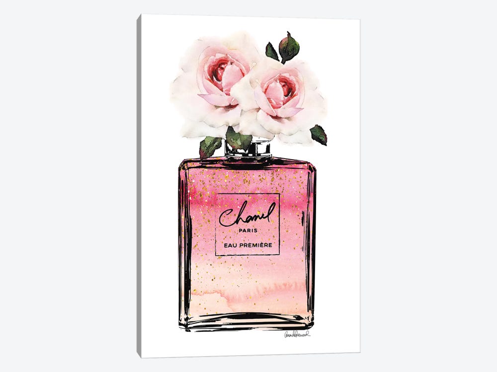 Perfume Bottle In Black, Pink, Ombre, Glitter, & Pink Rose by Amanda Greenwood 1-piece Canvas Artwork