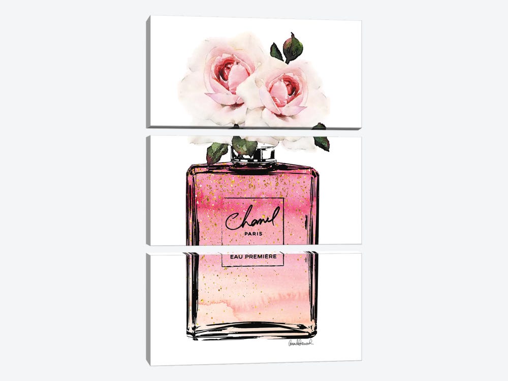 Perfume Bottle In Black, Pink, Ombre, Glitter, & Pink Rose by Amanda Greenwood 3-piece Canvas Artwork