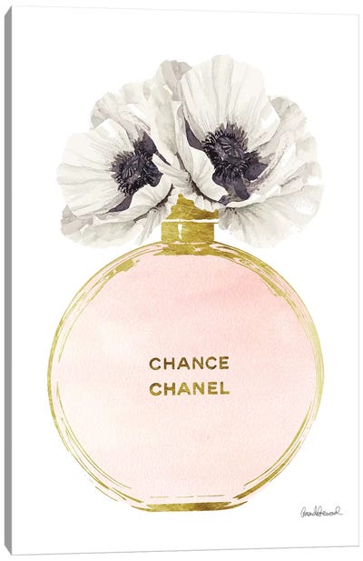 Perfume Round Solid In Gold, Nude, & White Poppy Canvas Art Print - Chanel Art