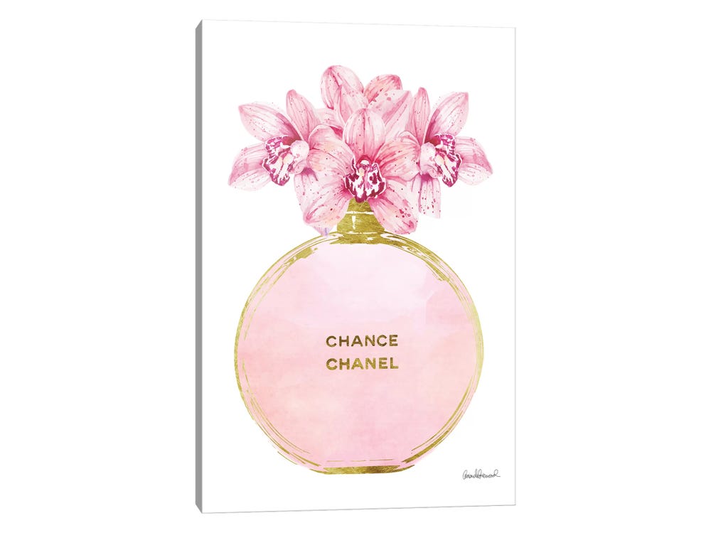 Framed Canvas Art - Gold and Bright Pink Perfume Bottle by Amanda Greenwood ( Fashion > Fashion Brands > Chanel art) - 18x18 in