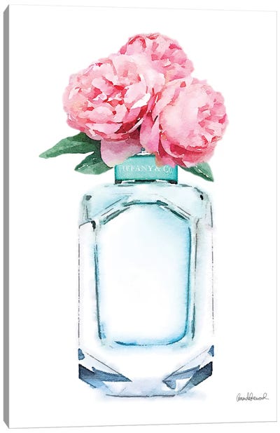Teal Perfume & Pink Peony Canvas Art Print - Best of Fashion Art