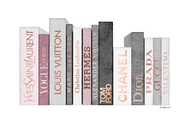 Book Shelf Full Of Rose Gold, Grey, And Pink Fashion Books