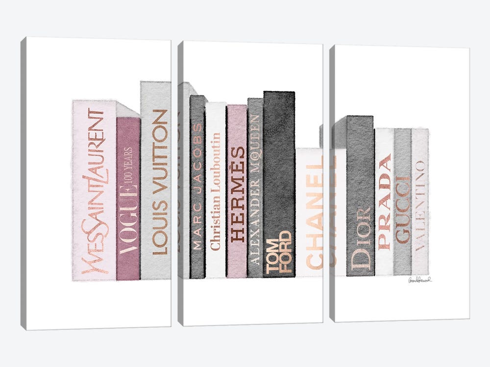 Book Shelf Full Of Rose Gold, Grey, And Pink Fashion Books by Amanda Greenwood 3-piece Canvas Print
