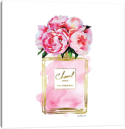 Gold And Pink Perfume Bottle With Pink Peonies Canvas Art Print - Chanel Art