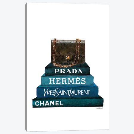 Stack Of Dark Teal And Black Fashion Books With A Chanel Bag Canvas Print #GRE230} by Amanda Greenwood Canvas Wall Art