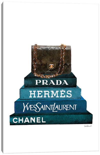 Stack Of Dark Teal And Black Fashion Books With A Chanel Bag Canvas Art Print - Bag & Purse Art