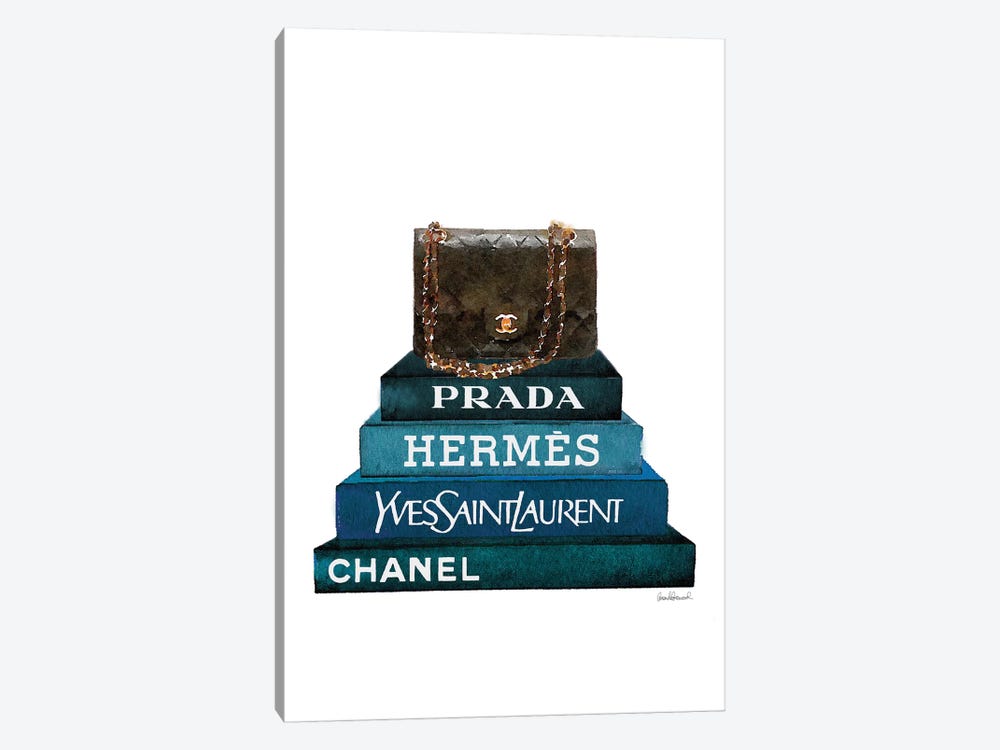 Stack Of Dark Teal And Black Fashion Books With A Chanel Bag by Amanda Greenwood 1-piece Canvas Art Print