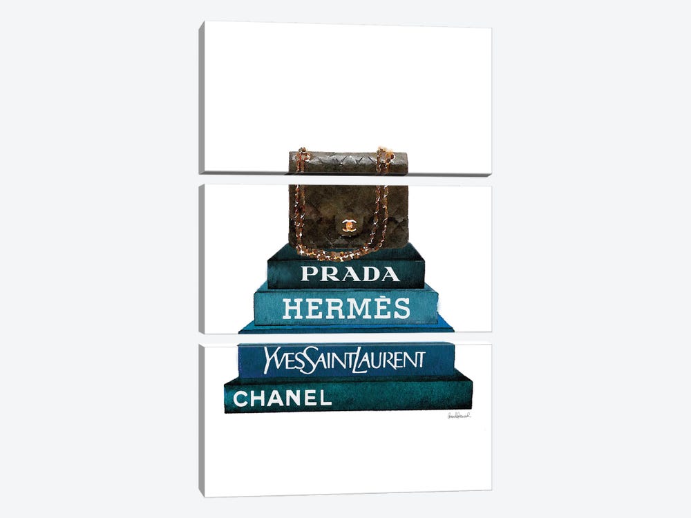 Stack Of Dark Teal And Black Fashion Books With A Chanel Bag by Amanda Greenwood 3-piece Canvas Art Print