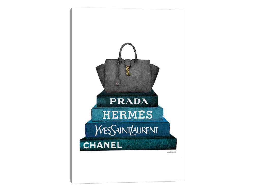 Amanda Greenwood Large Canvas Art Prints - Stack of Dark Teal and Black Fashion Books with A Yves St. Lauren Bag ( Fashion > Fashion Brands > Yves