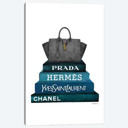 Stack Of Dark Teal And Black Fashion Books With A Yves St. Lauren Bag Canvas Print #GRE231} by Amanda Greenwood Canvas Wall Art
