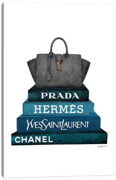 Stack Of Dark Teal And Black Fashion Books With A Yves St. Lauren Bag Canvas Art Print - Yves Saint Laurent