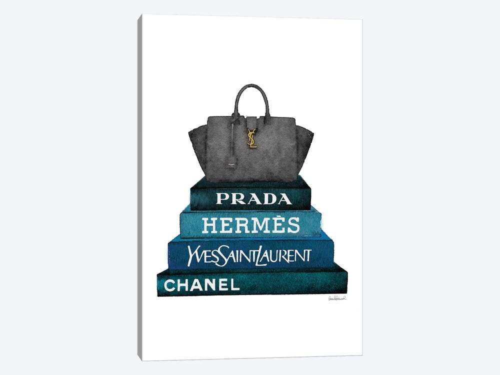 Stack Of Dark Teal And Black Fashion Books With A Yves St. Lauren Bag by Amanda Greenwood 1-piece Canvas Art