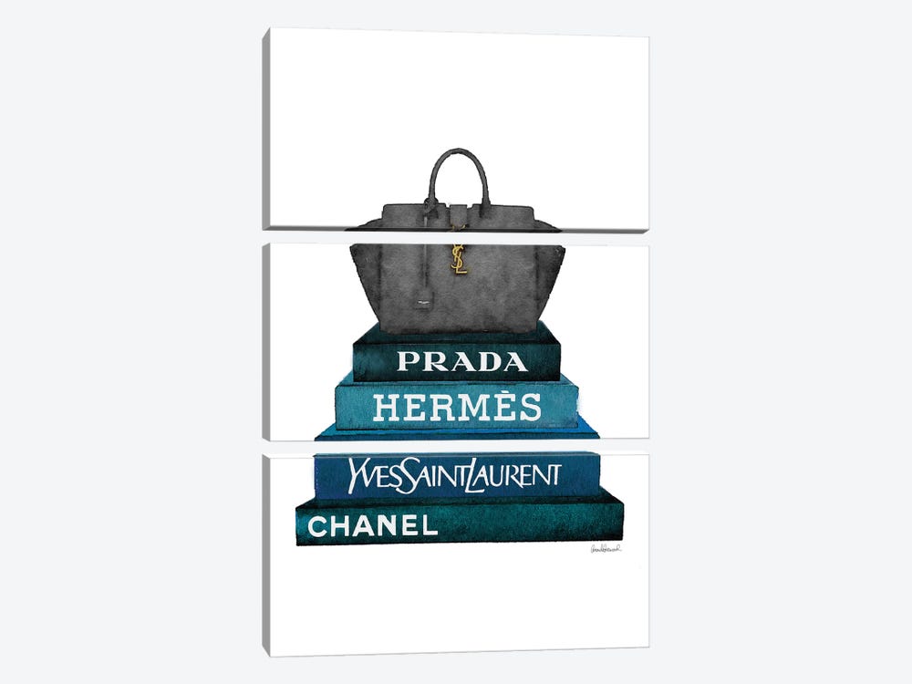 Stack Of Dark Teal And Black Fashion Books With A Yves St. Lauren Bag by Amanda Greenwood 3-piece Canvas Wall Art