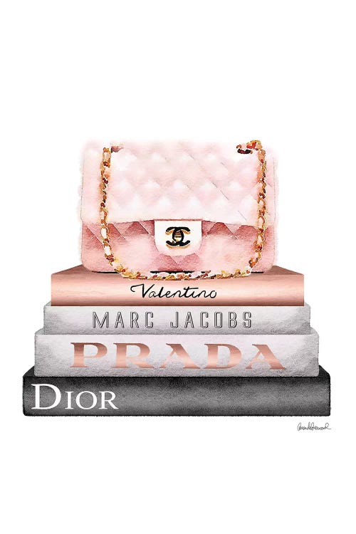 Stack of Grey and Rose Gold Fashion Books and A Pink Chanel Bag by Amanda Greenwood Fine Art Paper Print ( Fashion art) - 24x16x.25