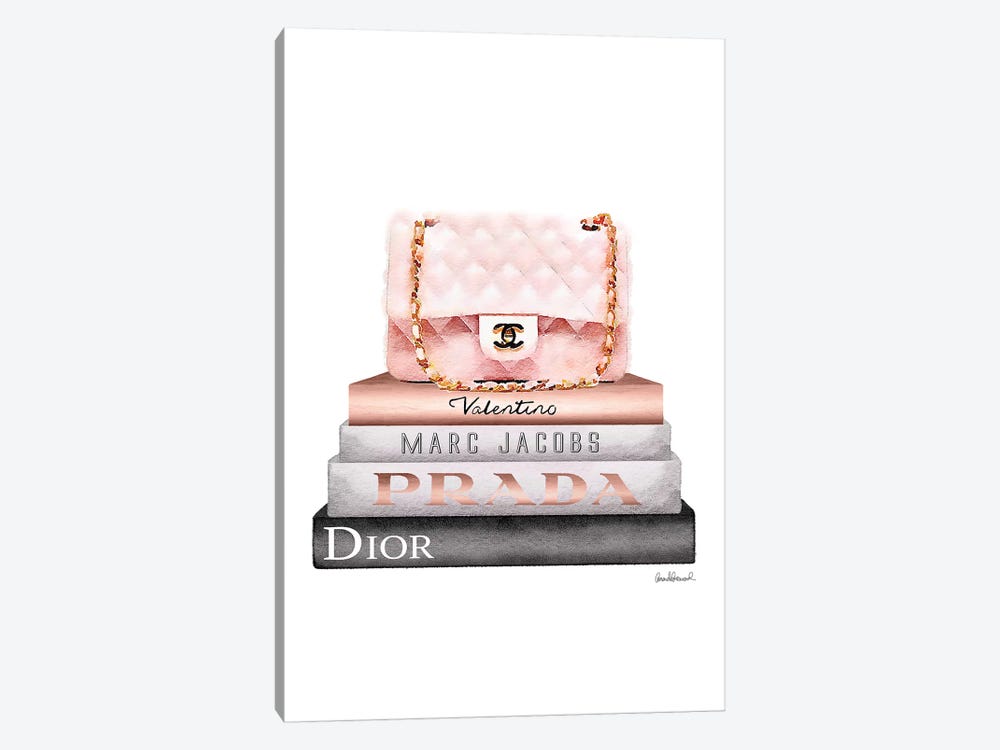Stack of Grey and Rose Gold Fashion Books and A Pink Chanel Bag by Amanda Greenwood Fine Art Paper Print ( Fashion art) - 24x16x.25