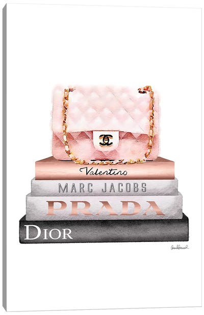 Stack Of Grey And Rose Gold Fashion Books And A Pink Chanel Bag Canvas Art Print - Fashion Art