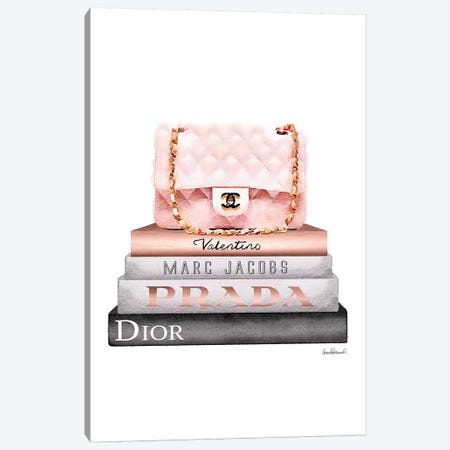 Stack Of Grey And Rose Gold Fashion Books And A Pink Chanel Bag Canvas Print #GRE232} by Amanda Greenwood Canvas Art