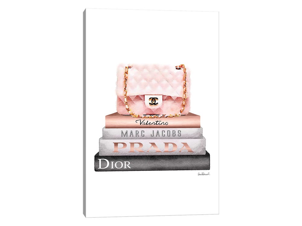 Stack of Grey and Rose Gold Fashion Books and A Pink Chanel Bag - Canvas Print Wall Art by Amanda Greenwood ( Fashion art) - 12x8 in