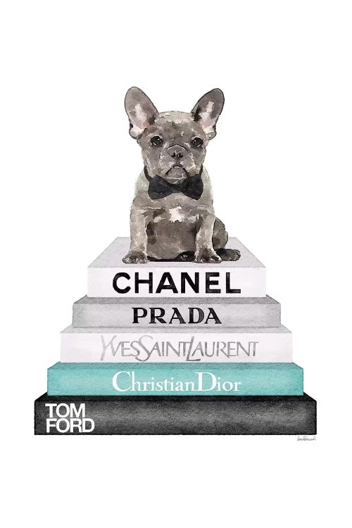 Stack Of Grey And Teal Fashion Books, And A Grey Frenchie