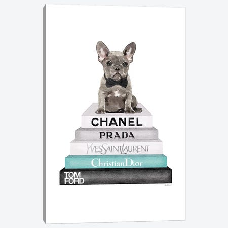 Stack Of Grey And Teal Fashion Books, And A Grey Frenchie Canvas Print #GRE233} by Amanda Greenwood Canvas Wall Art