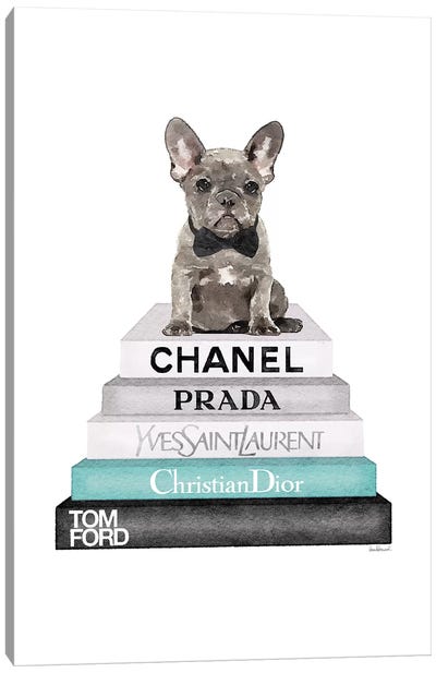 Stack Of Grey And Teal Fashion Books, And A Grey Frenchie Canvas Art Print - Prada Art