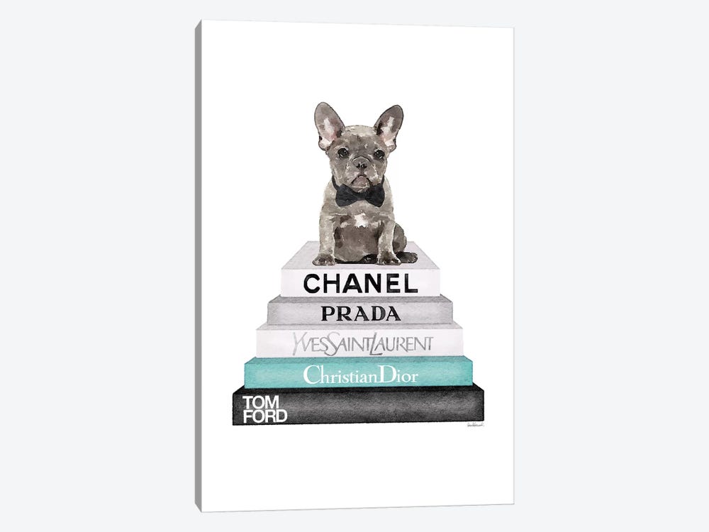 Stack Of Grey And Teal Fashion Books, And A Grey Frenchie by Amanda Greenwood 1-piece Canvas Artwork