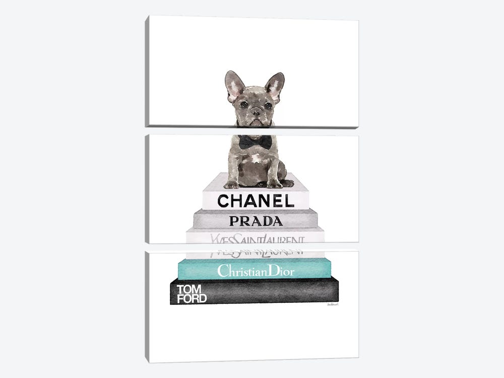 Stack Of Grey And Teal Fashion Books, And A Grey Frenchie by Amanda Greenwood 3-piece Canvas Artwork