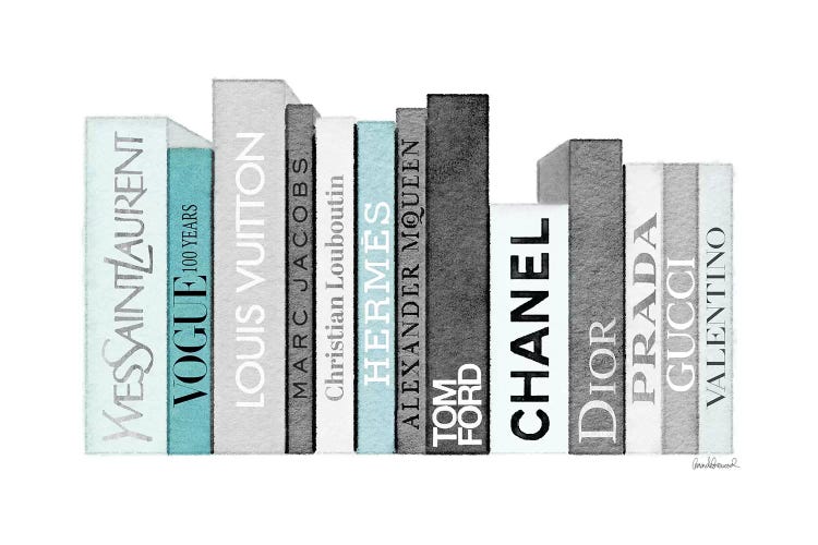 Book Shelf Full of Grey and Teal Fashion Books - Canvas Print Wall Art by Amanda Greenwood ( Decorative Elements > Books art) - 8x12 in