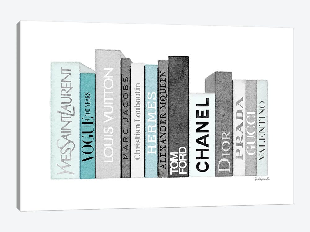 Book Shelf Full Of Grey And Teal Fashio - Art Print