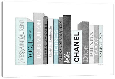 Book Shelf Full Of Grey And Teal Fashion Books Canvas Art Print - Fashion Brand Art