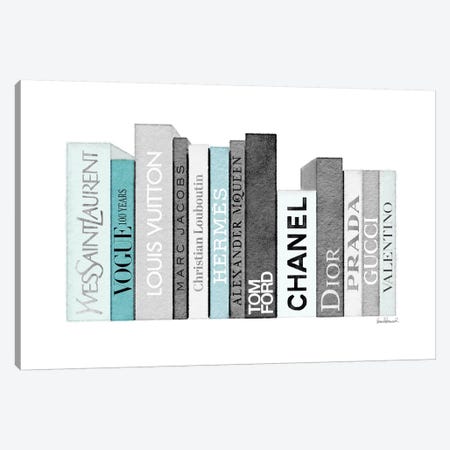 Book Shelf Full Of Grey And Teal Fashion Books Canvas Print #GRE239} by Amanda Greenwood Canvas Wall Art