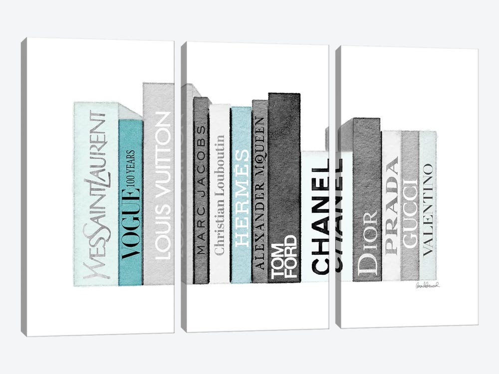 Book Shelf Full Of Grey And Teal Fashion Books by Amanda Greenwood 3-piece Canvas Wall Art
