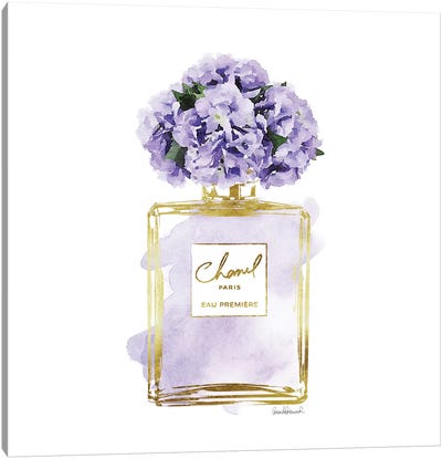 Gold And Purple Perfume Bottle With Purple Peonies Canvas Art Print - Hydrangea Art