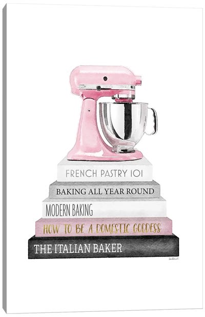 Baking Bookstack With Pink Mixer Canvas Art Print - Kitchen Equipment & Utensil Art
