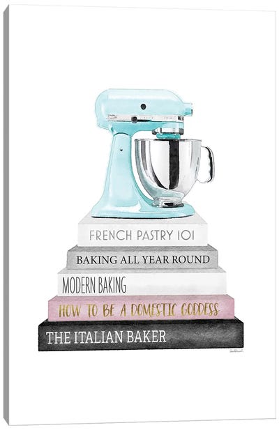 Baking Grey And Pink Bookstack With Teal Mixer Canvas Art Print - Book Art