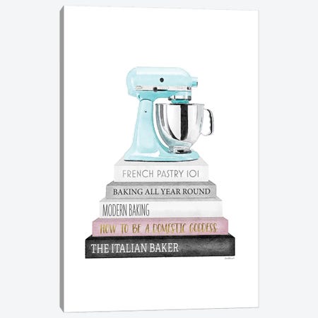 Baking Grey And Pink Bookstack With Teal Mixer Canvas Print #GRE241} by Amanda Greenwood Canvas Print