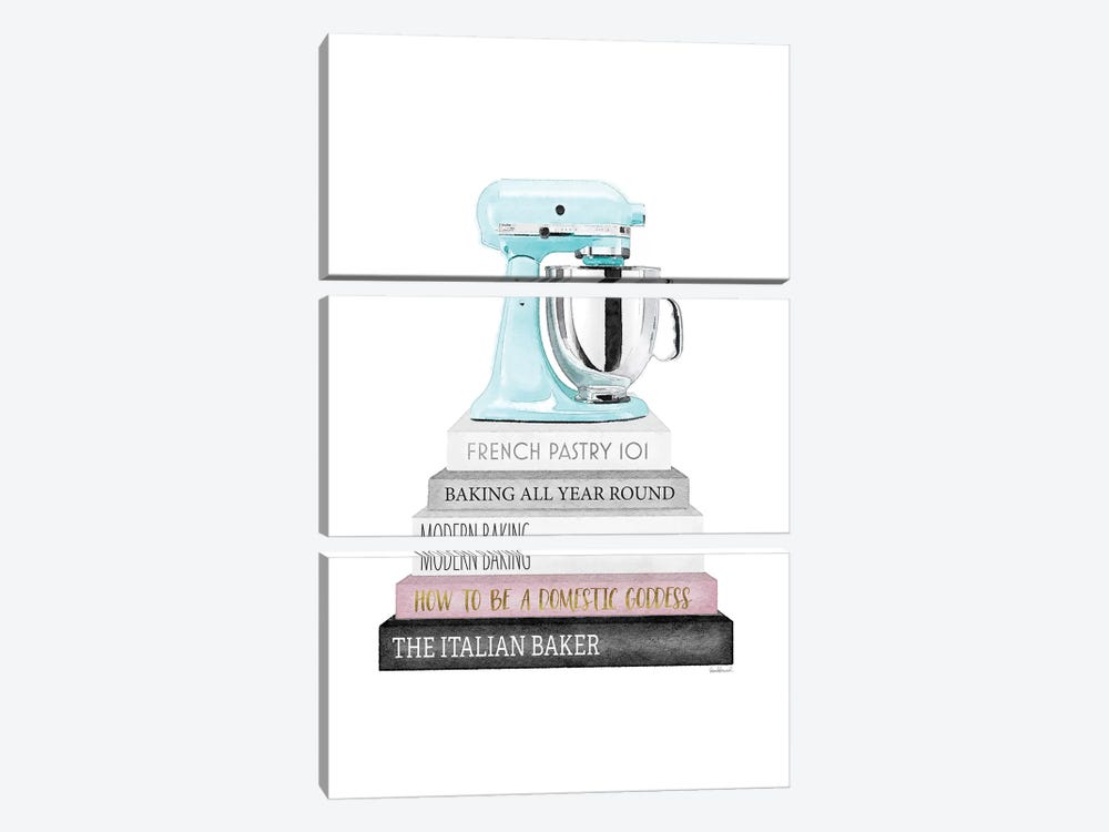 Baking Grey And Pink Bookstack With Teal Mixer by Amanda Greenwood 3-piece Art Print